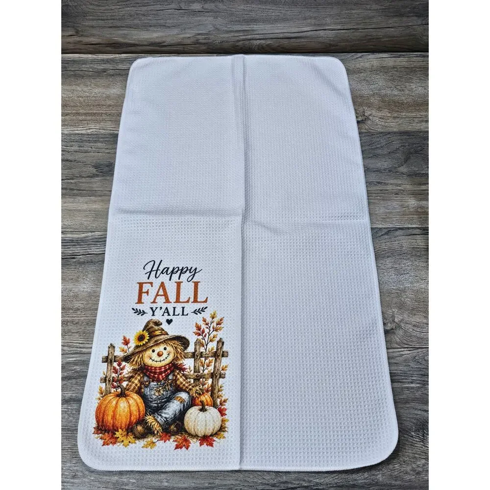 Happy Fall Y'all Kitchen Towel Scarecrow Pumpkin Farmhouse Autumn Decor